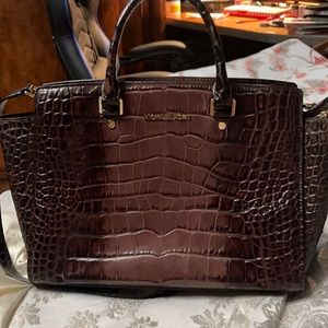 Michael Kors Selma Large Top Zip Satchel Brown Crocodile Leather